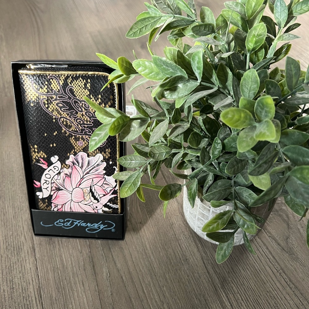 Ed Hardy Black and Pink Floral Wallet